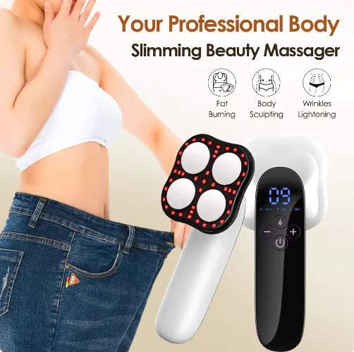 Body slimming beauty massager with digital display and icons indicating functions on a beige background.