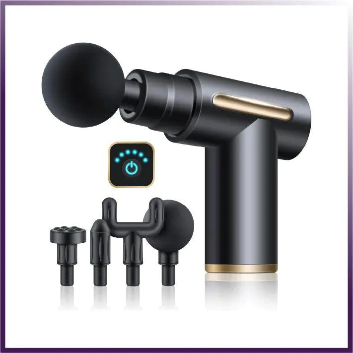 Black massage gun with attachments on a white background