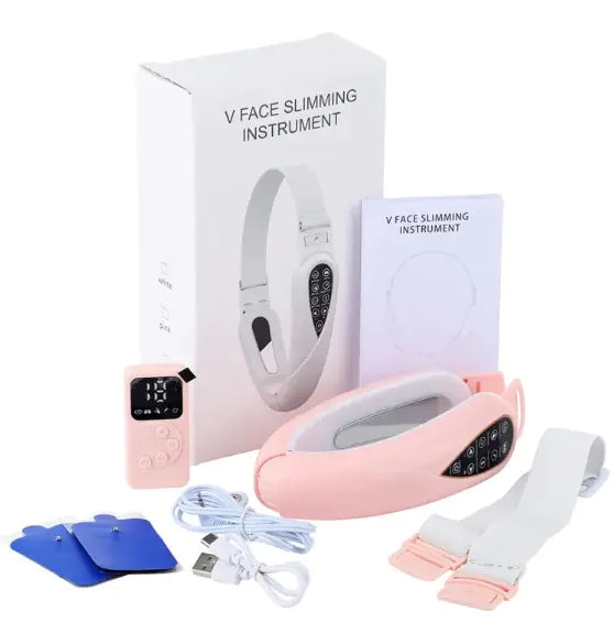 V face slimming instrument with packaging, accessories, and USB cable on a white background
