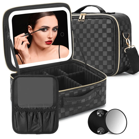 Black checkered makeup bag with a mirror and smaller mirror on a white background