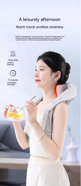 Woman using a neck and shoulder massager with text about its benefits.