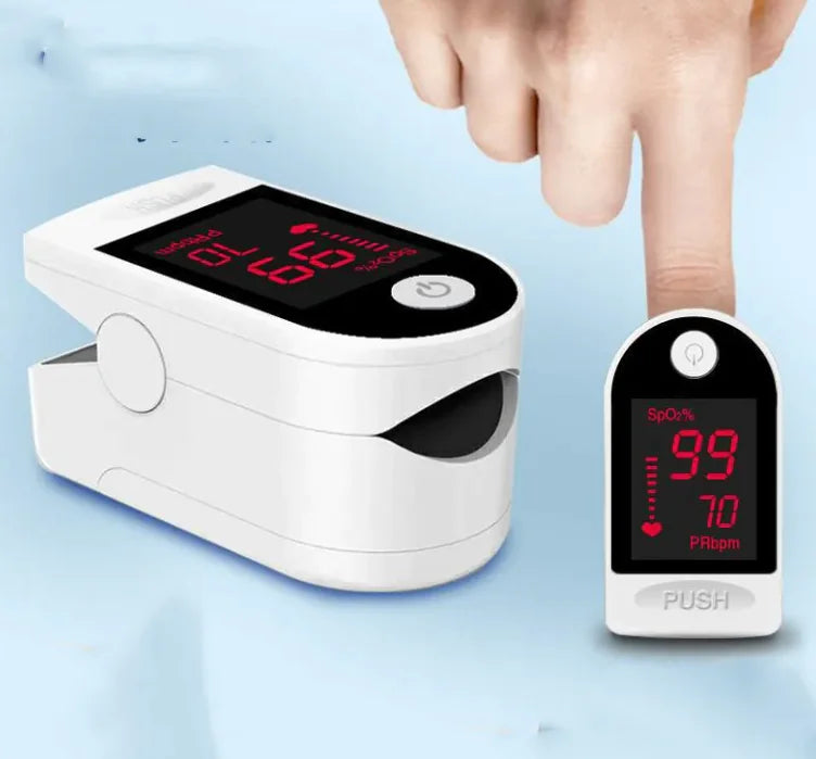 Finger pulse oximeter with digital display on a light blue background