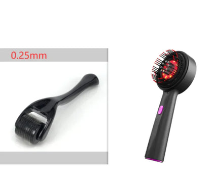 Black derma roller with red needles on a white background