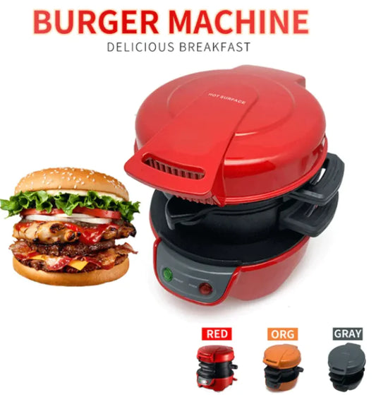 Red burger machine with a hamburger and color options on a white background