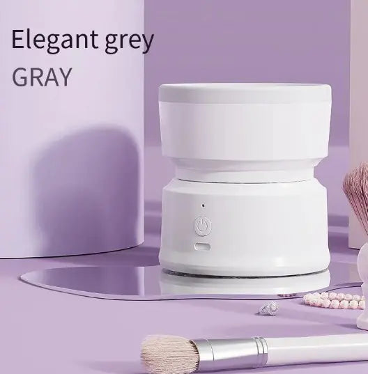 White cylindrical product on a purple surface with text 'Elegant gray' and 'GRAY'.