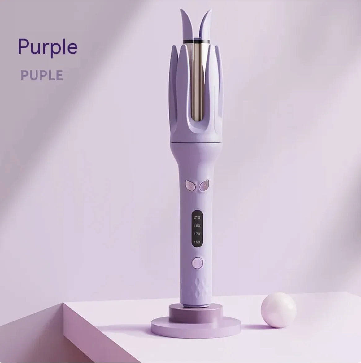 Purple hair straightener on a white platform with a light purple background