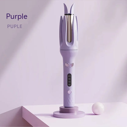 Purple hair straightener on a white platform with a light purple background