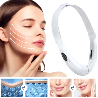 Woman using facial device with close-up of product and before-and-after effects on skin.