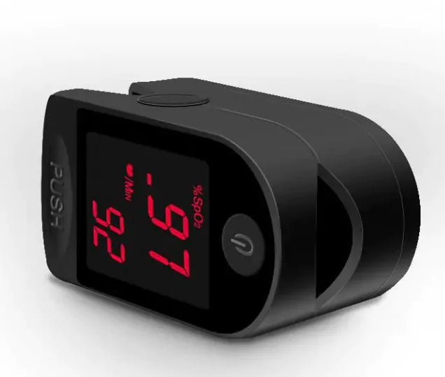 Black digital device with red LED display on a white background