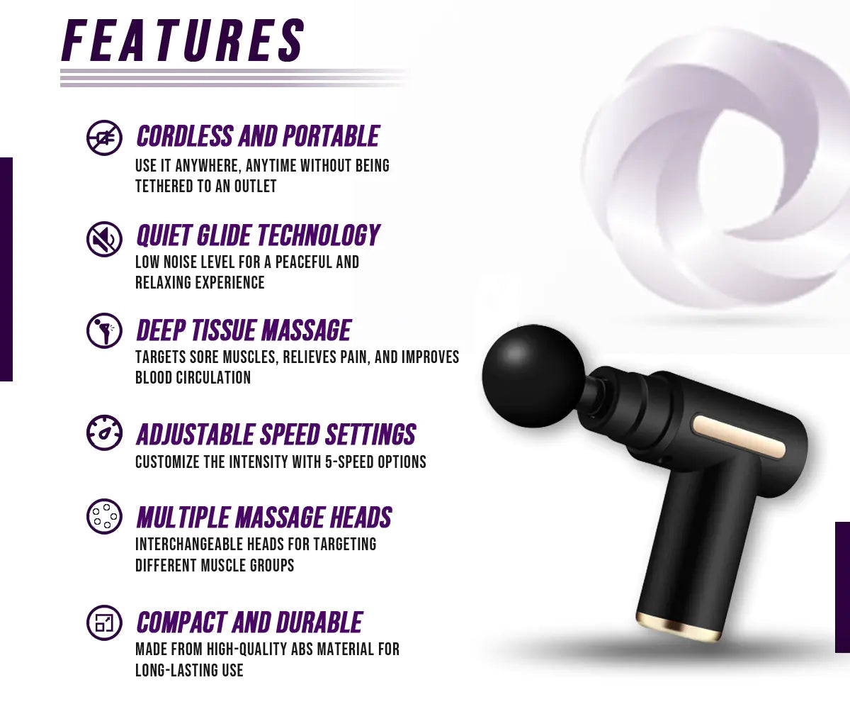 Massage gun with features listed on a white background