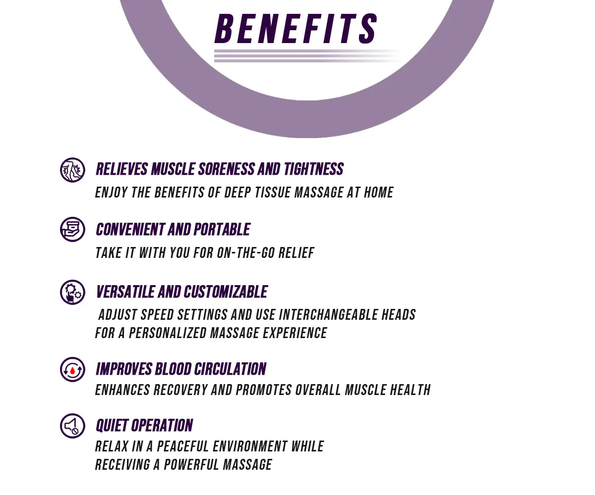 List of benefits for a massage device on a white background