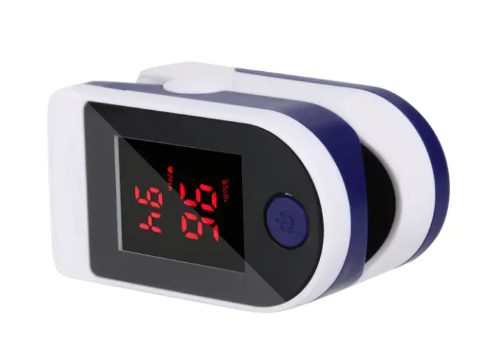 Digital pulse oximeter with red LED display on a white background