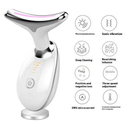 Beauty device with features listed on a white background