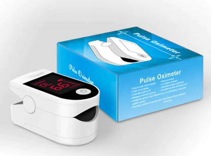 Pulse oximeter with its packaging on a white background
