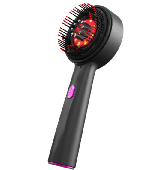 Black hair dryer with red LED lights on a white background