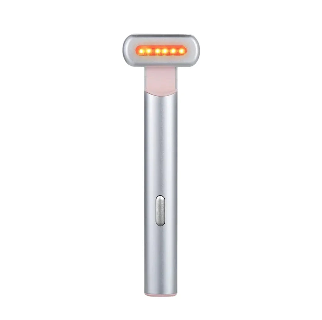 Handheld electronic device with a silver body and pink top on a white background
