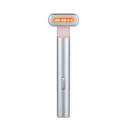 Handheld electronic device with a silver body and pink top on a white background