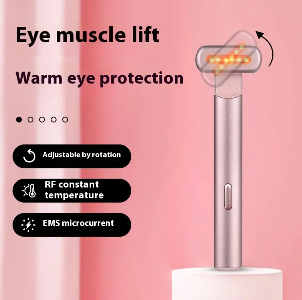 Beauty device for eye muscle lift with text on a pink background