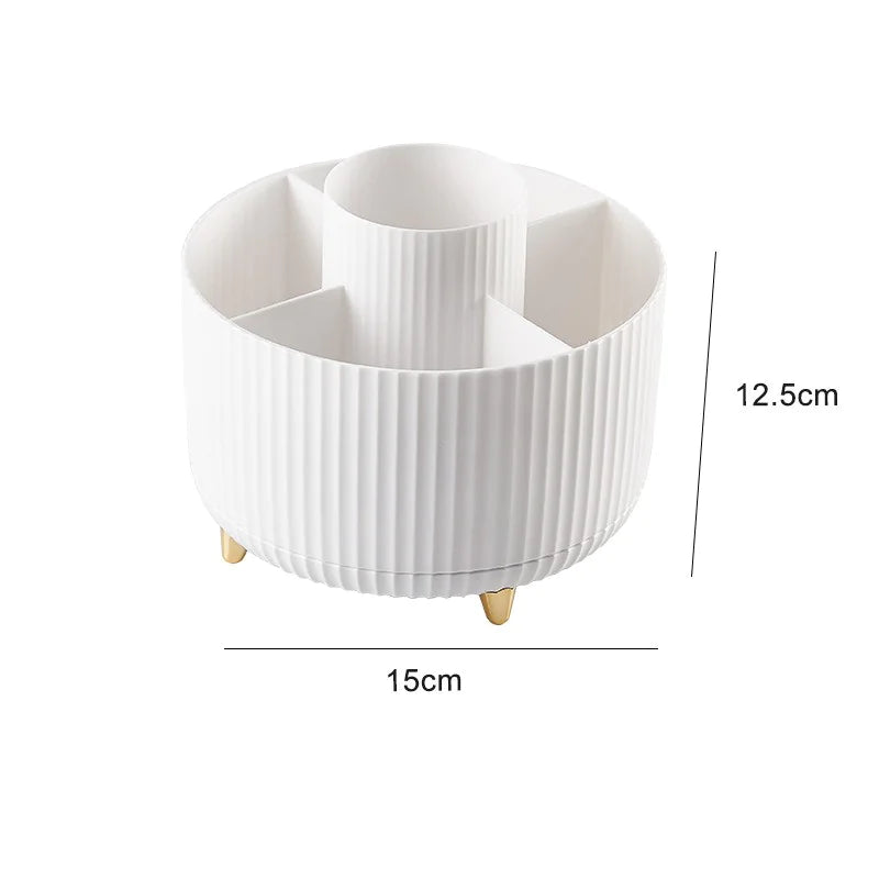 White cylindrical planter with decorative ribbing and small feet on a white background