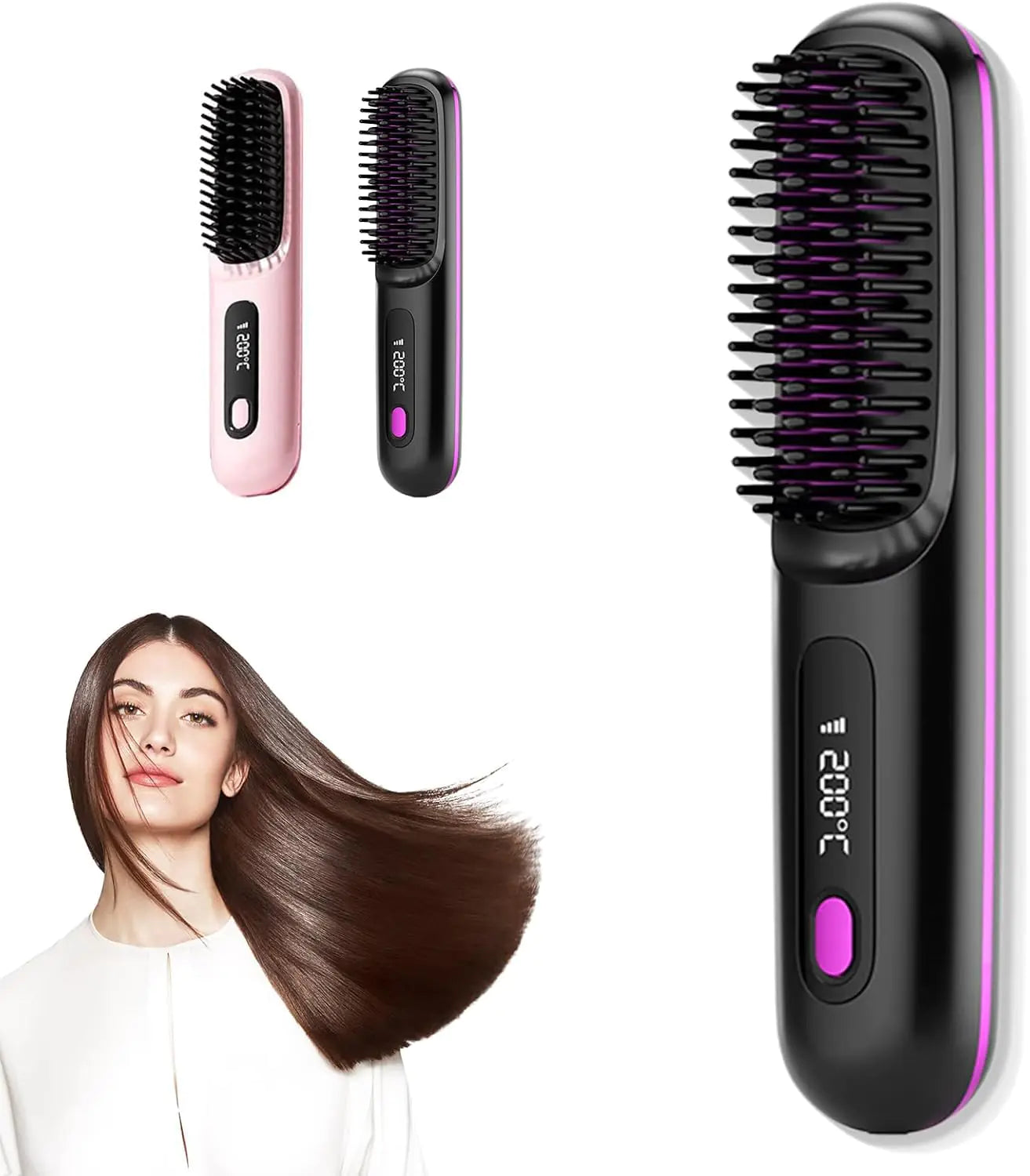 Hair straightening brush with digital display and woman with styled hair on a white background