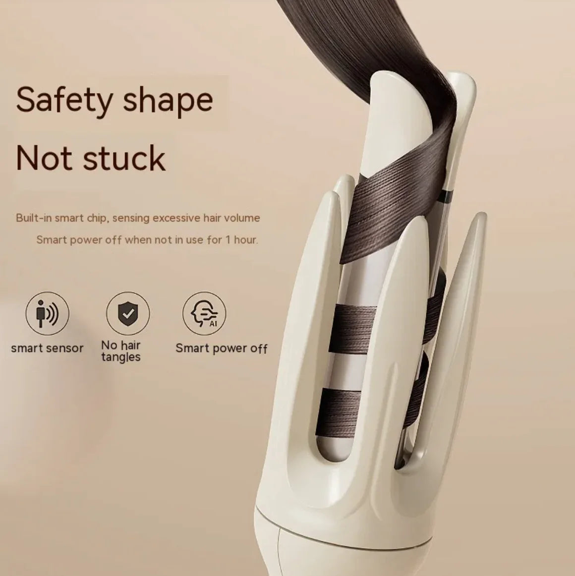 Hair straightener with hair being straightened, featuring safety features on a beige background.