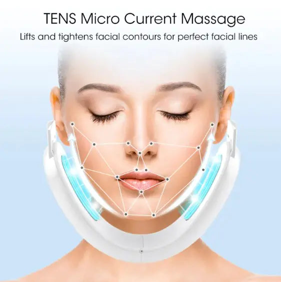 Facial massager device with text about TENS micro current massage on a light blue background