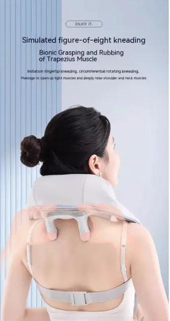 Person using a neck and shoulder massager with text on simulated movements.
