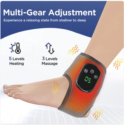 Heated ankle support with digital display on a foot, featuring multi-level heating and massage functions.