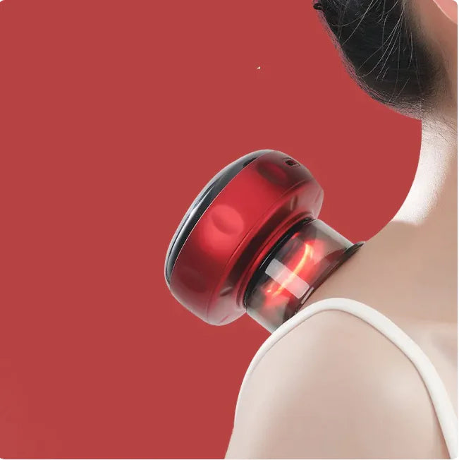 Red neck massager being used on a person's neck against a red background