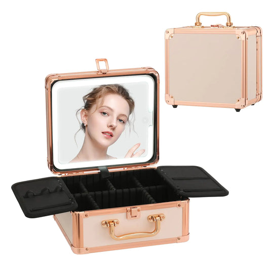 Makeup case with mirror and compartments on a white background