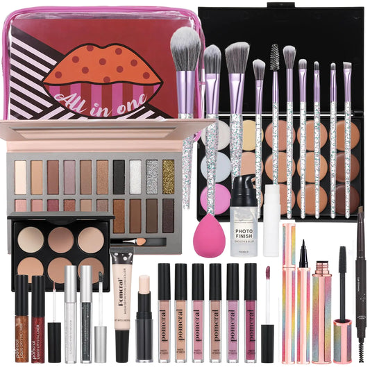 Collection of makeup products including brushes, palettes, and bottles on a white background