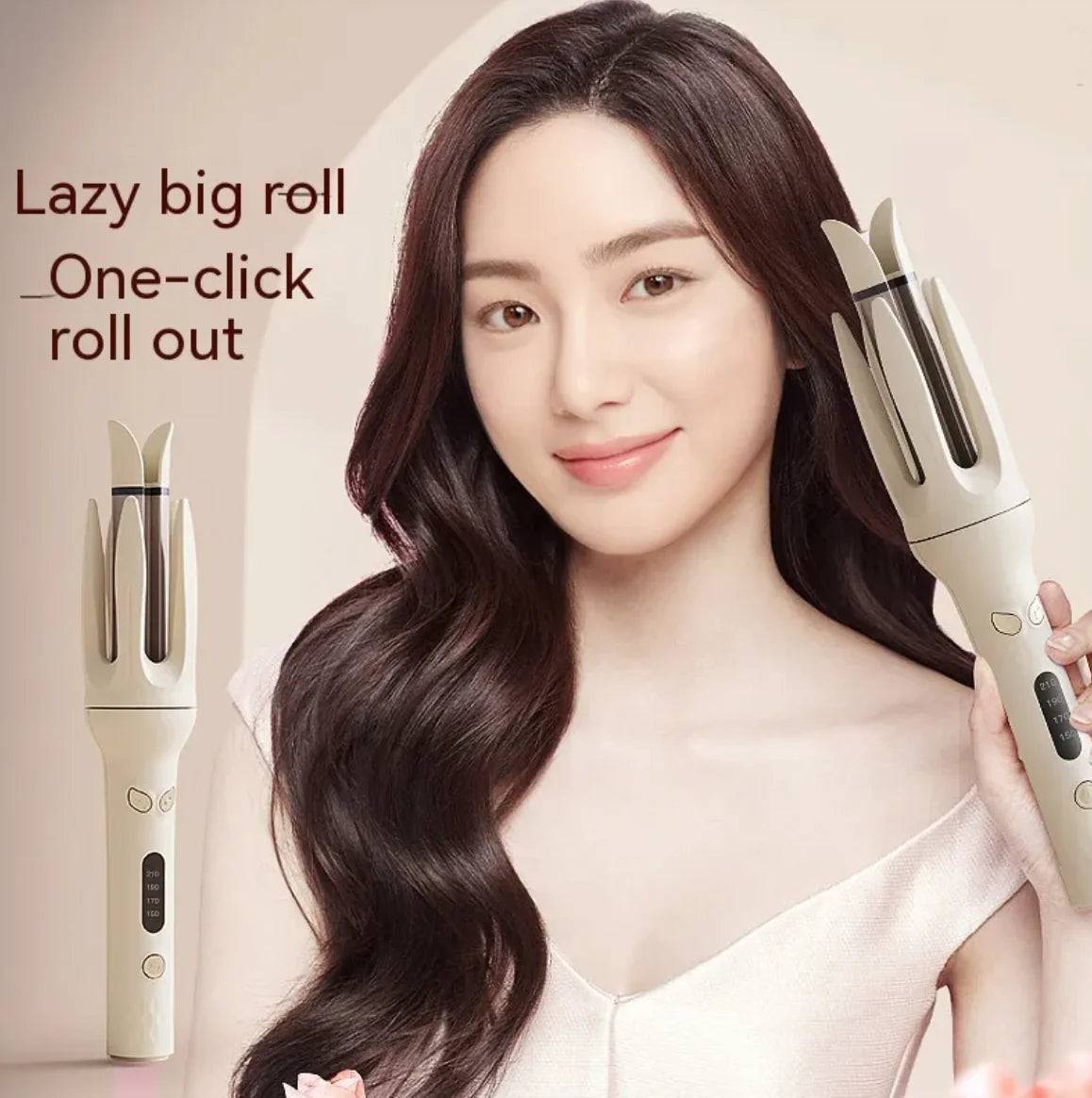 Woman with styled hair holding a hair styling tool with text 'Lazy big roll One-click roll out'.