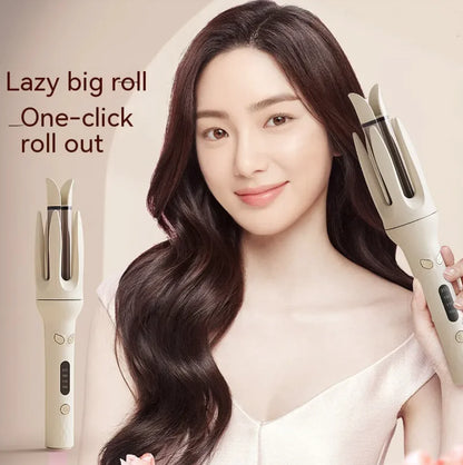 Woman with styled hair holding a hair styling tool with text 'Lazy big roll One-click roll out'.