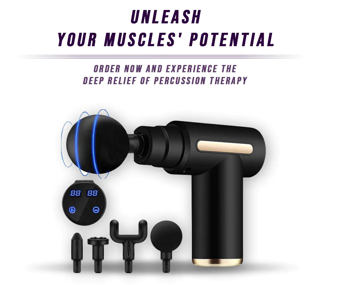 Black massage gun with attachments on a white background, promotional text above.