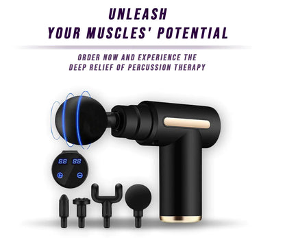 Black massage gun with attachments on a white background, promotional text above.