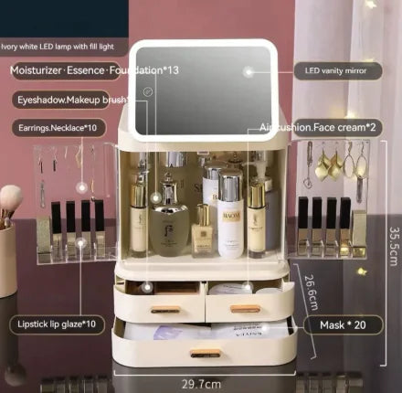 Cosmetic organizer with mirror and various items on a gray background
