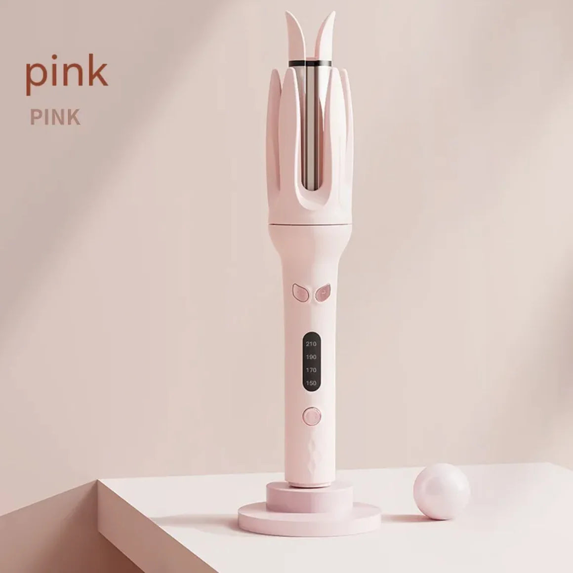 Pink hair straightener on a light pink background with 'pink' text.