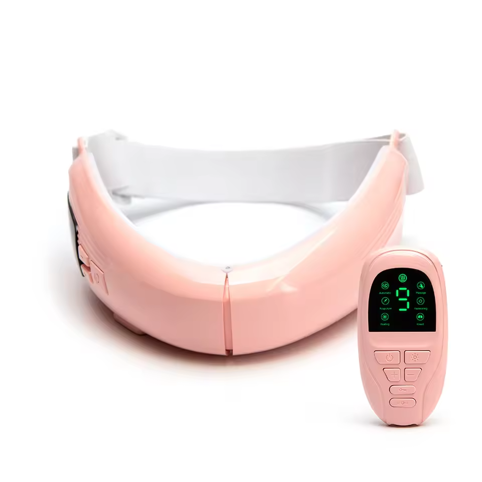 Pink neck massager with remote control on a white background