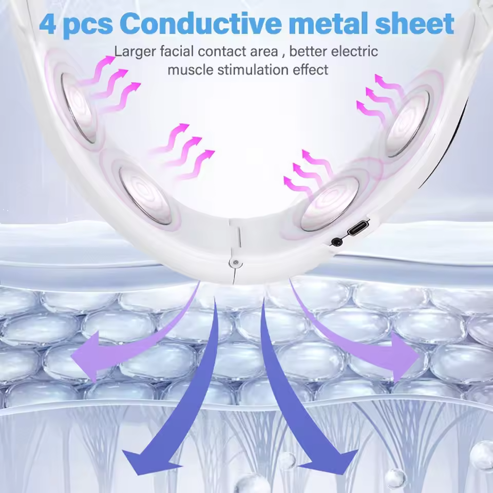 Diagram showing a conductive metal sheet with arrows indicating electric stimulation effect on skin cells.