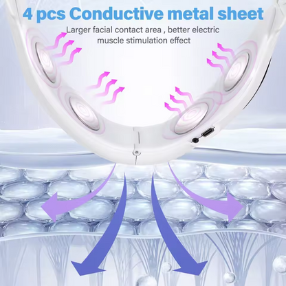 Diagram showing a conductive metal sheet with arrows indicating electric stimulation effect on skin cells.