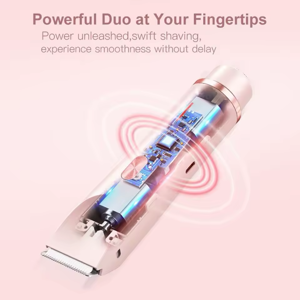 Close-up of a grooming tool with electronic components on a pink background, featuring text about power and shaving experience.