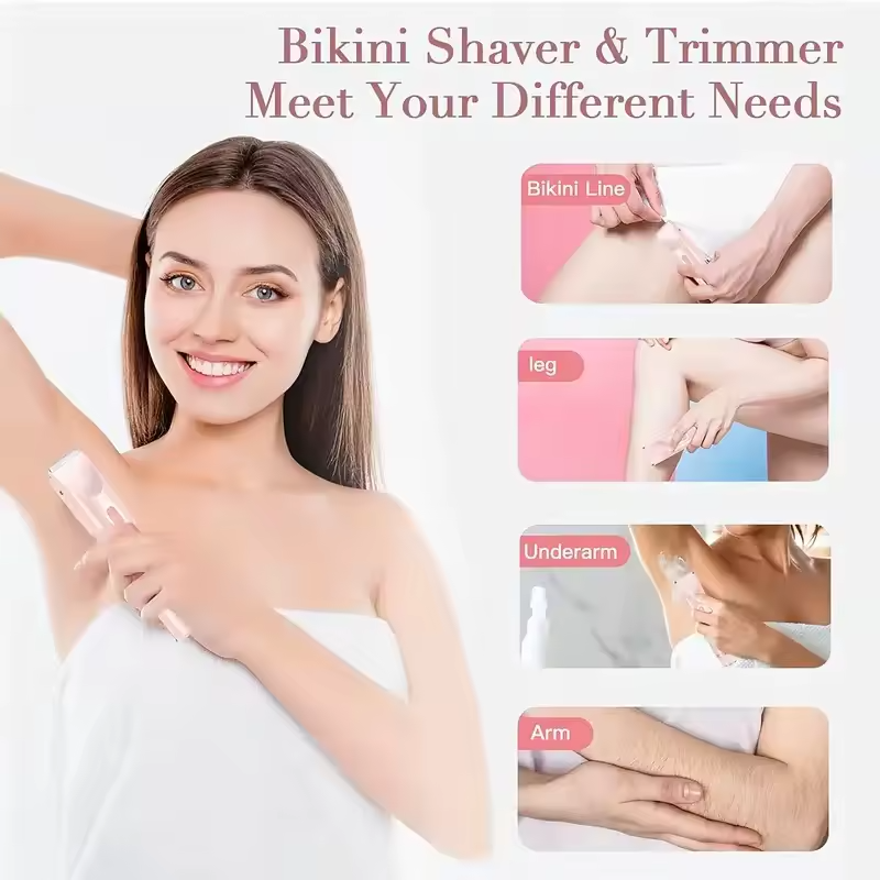 Woman holding a bikini shaver with product usage illustrations on a white background