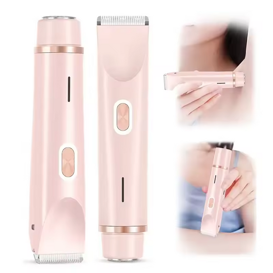 Pink hair removal device with close-up of use on a white background