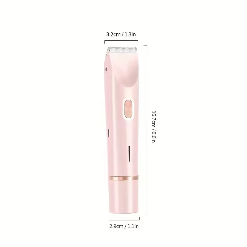 Pink hair trimmer with dimensions labeled on a white background