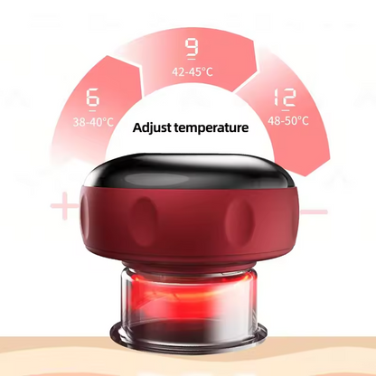 Red electronic device with temperature control dial on a white background