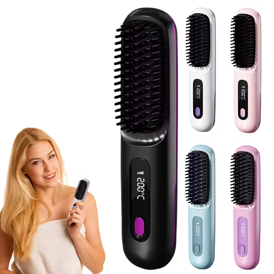 Digital hairbrush with multiple color options and a model holding one.