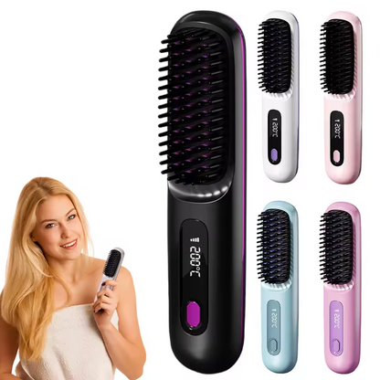 Digital hairbrush with multiple color options and a model holding one.