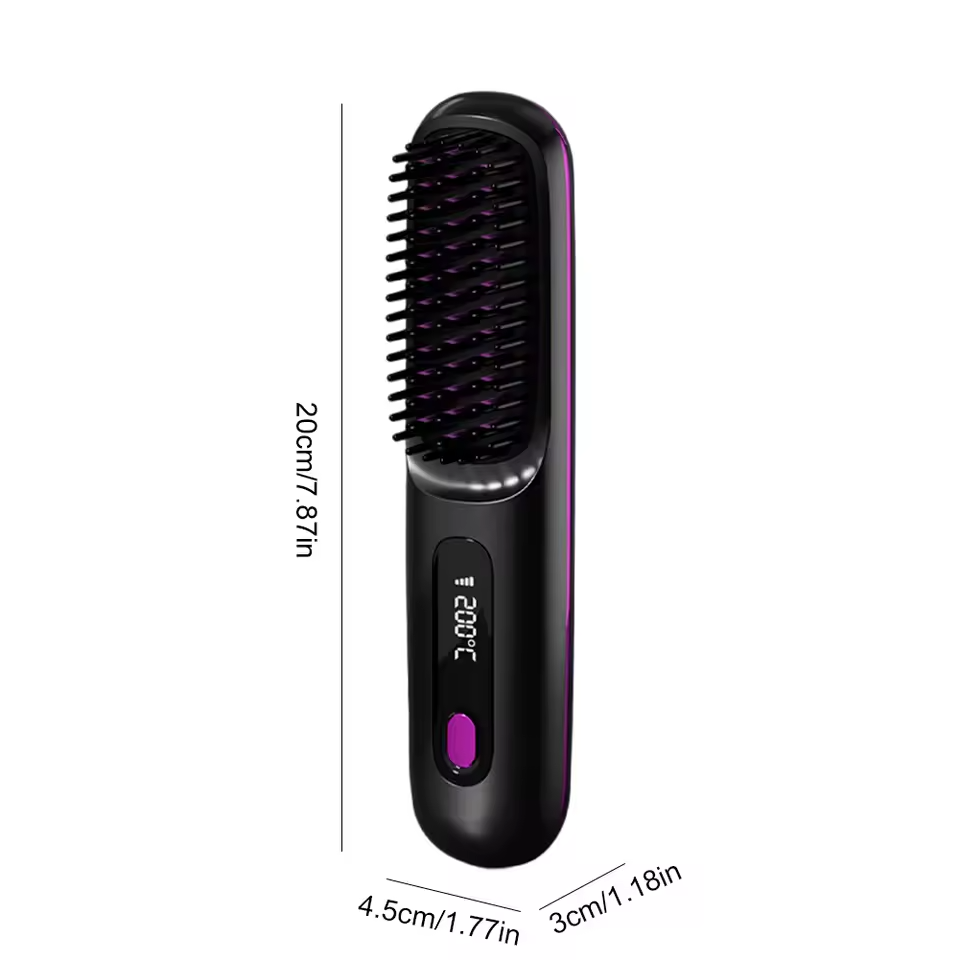 Black hair straightening brush with digital display and measurements on a white background
