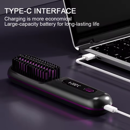 Black hairbrush with digital display and charging cable, connected to a laptop on a dark surface.