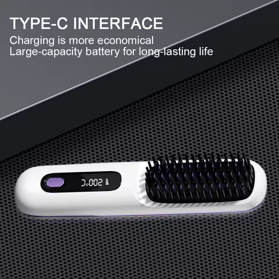 Hair straightening brush with digital display on a textured black background